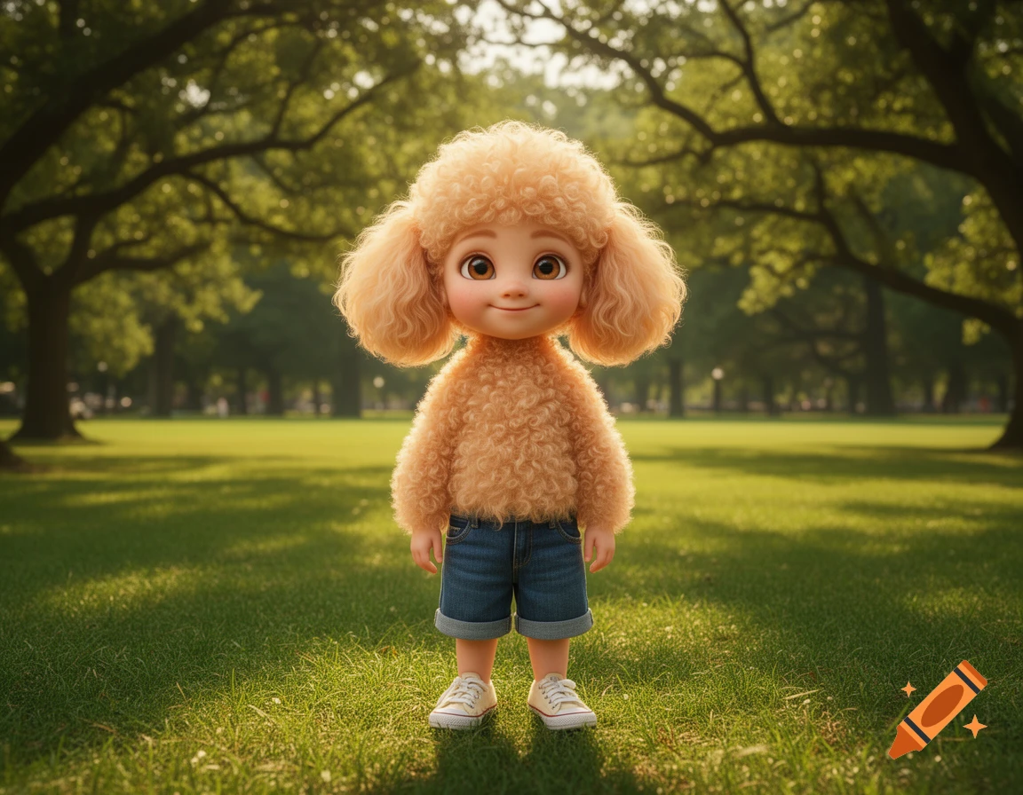 A cute, cartoon-like character with fluffy, curly, blonde poodle-like fur, wearing jeans and sneakers, standing in a sunny park.