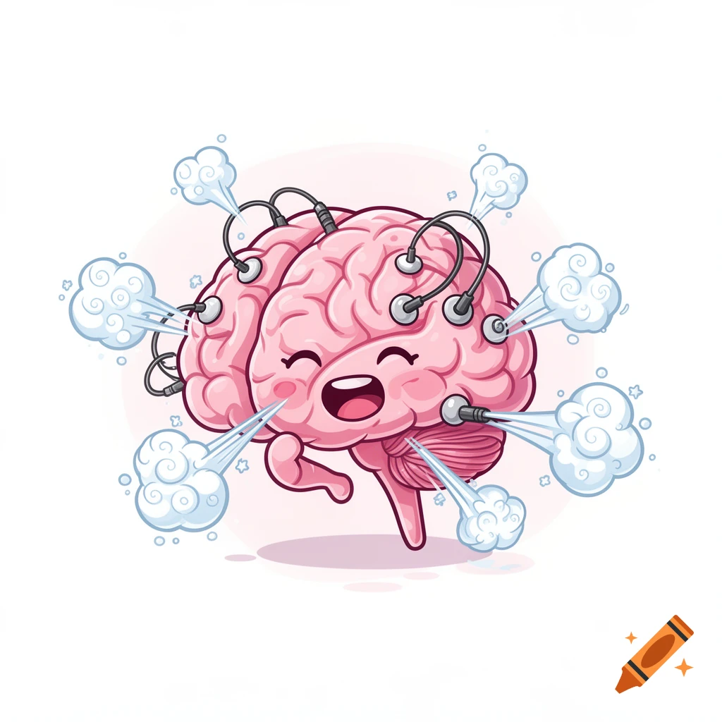 Cute pink cartoon brain with EEG electrodes, happy expression, exhaling steam in vector art style.