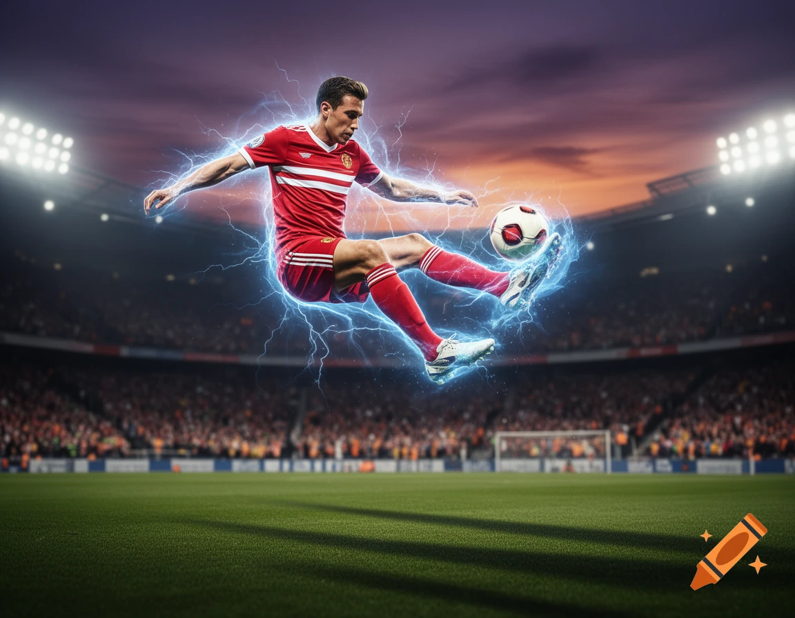 A male football player in a red jersey kicks a soccer ball mid-air, surrounded by blue lightning in a stadium.