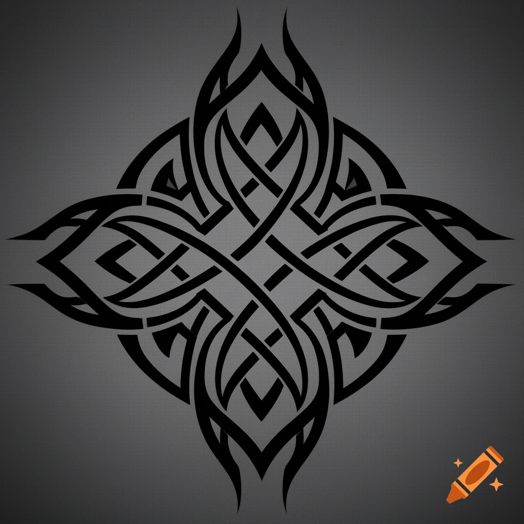 Symmetrical black neo tribal design with intertwining lines on a dark gray textured background.