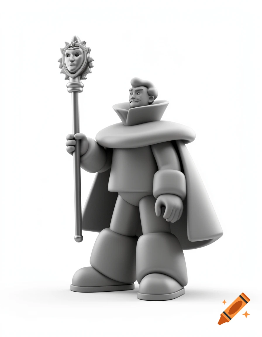 A gray, rounded, toy-like character in a cape holds an oversized scepter with a mask-like head against a white background.