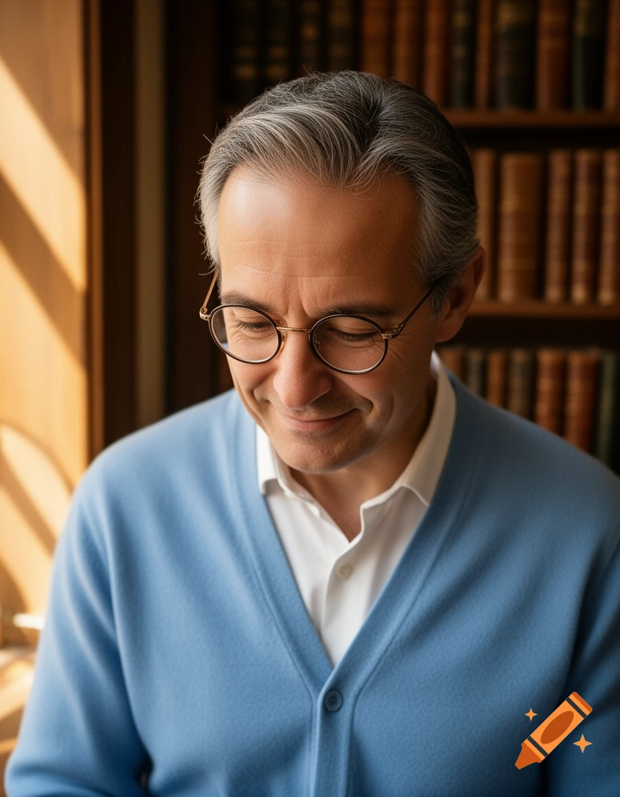 Photorealistic portrait of a smiling middle-aged man with gray hair and glasses in a light blue cardigan, looking down in a library.