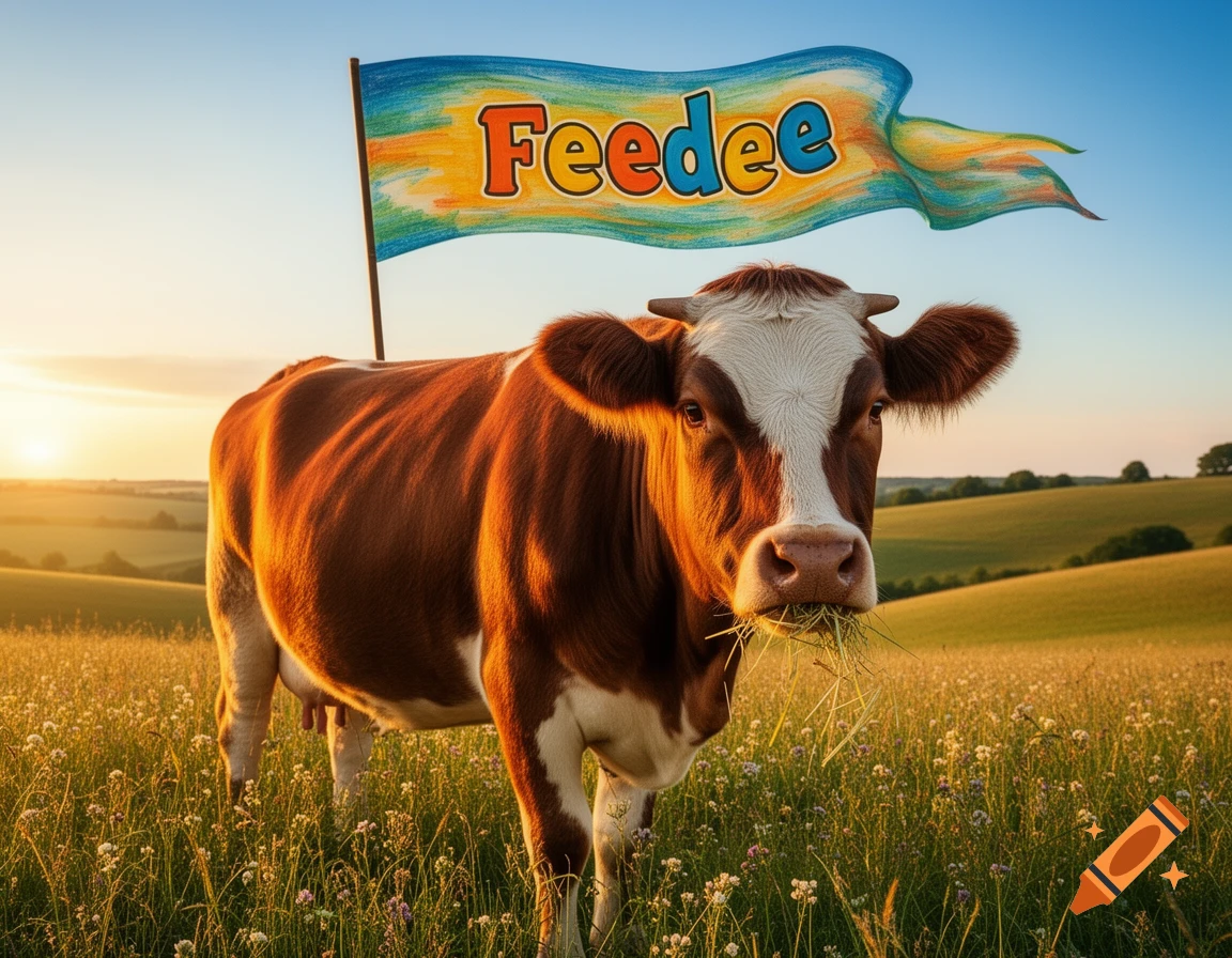 A brown and white cow eats grass in a sunny field at sunset, with a 'Feedee' banner flying behind it.