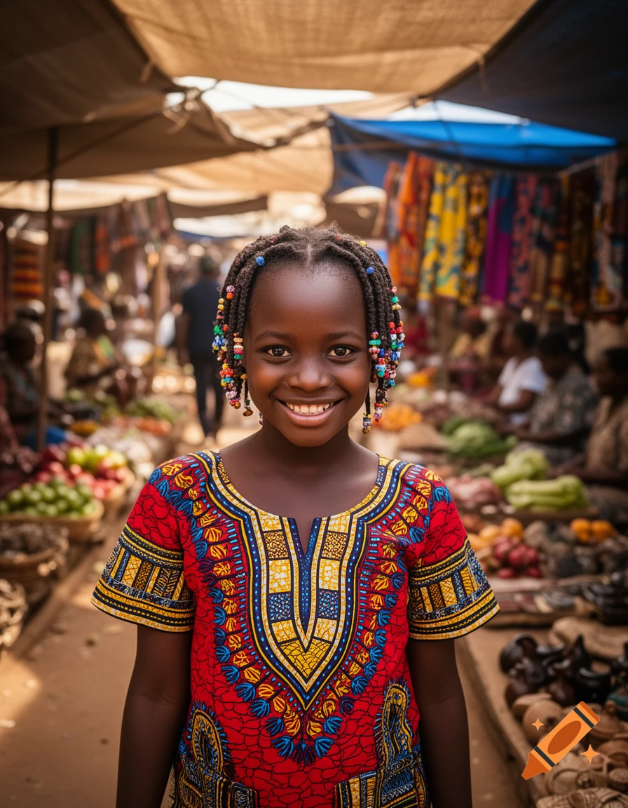 A smiling young African girl with braided hair and colorful beads, wearing a red patterned dress, stands in a bustling outdoor market.
