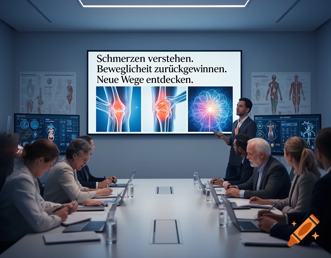 A group of professionals attends a medical presentation in a modern conference room, with anatomical diagrams on screens.