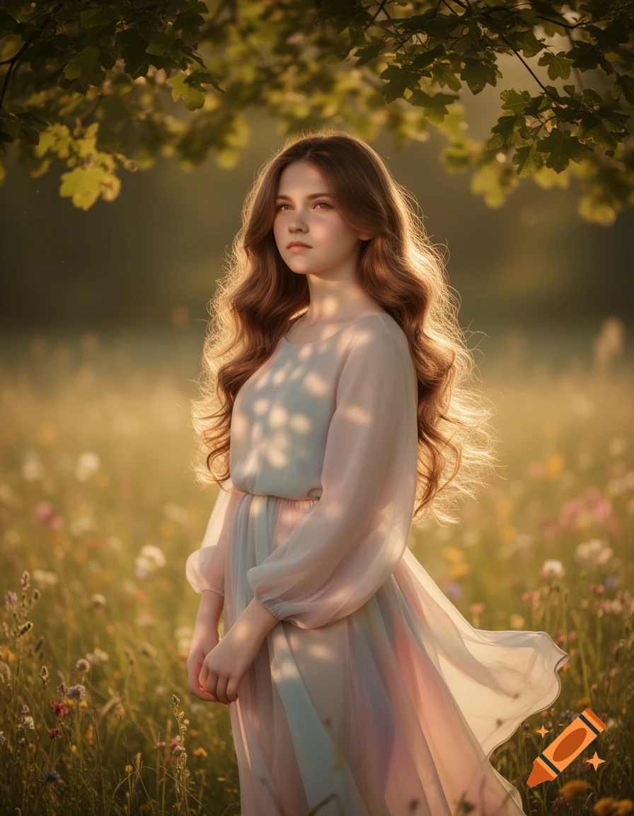 A young girl with long wavy hair in a flowing light dress stands in a ...