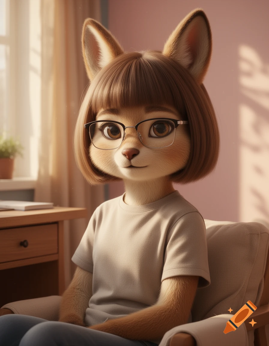 A cute, bob-haired fox-like kemono girl with glasses sits in a chair indoors, rendered in a 3D animated style.