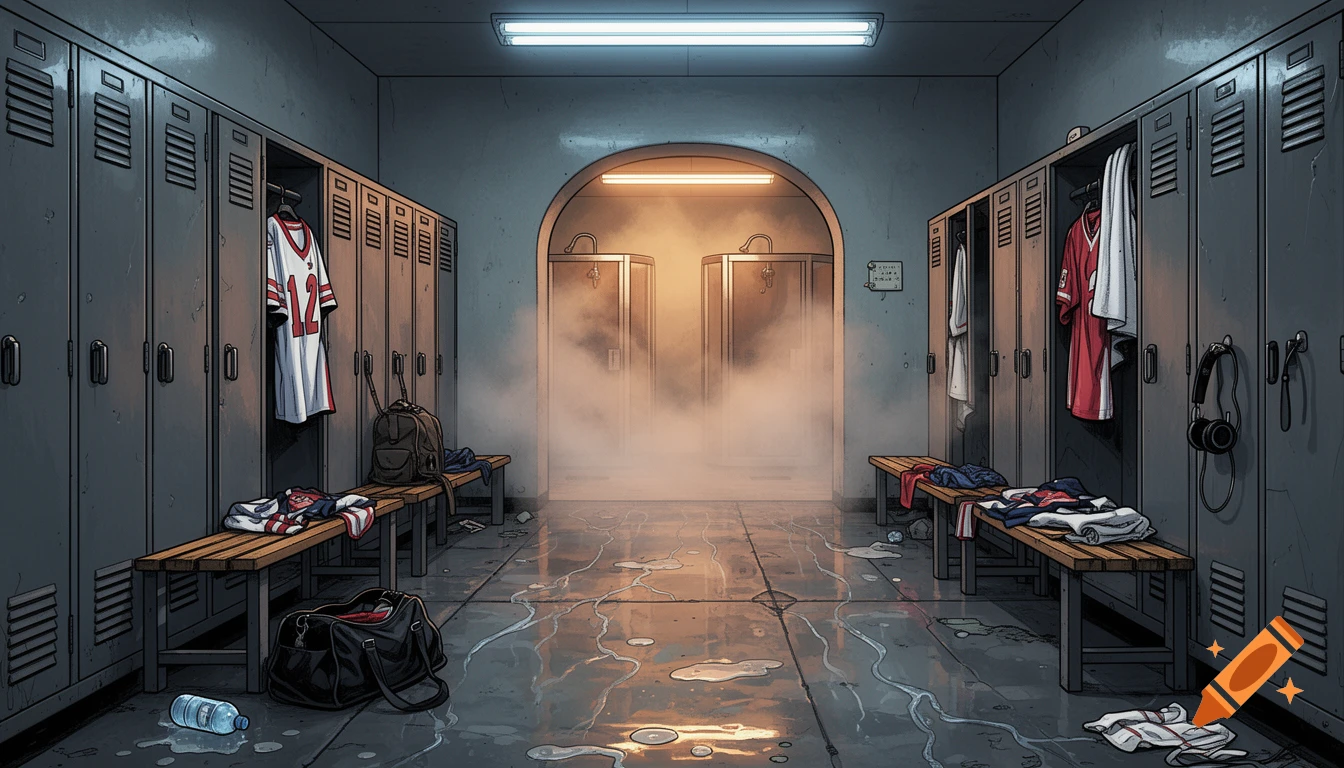 An empty, grimy locker room with rows of gray lockers, wooden benches, and wet floors. Steam rises from an arched doorway leading to showers in the background. Clothes, a gym bag, and a water bottle are scattered around.