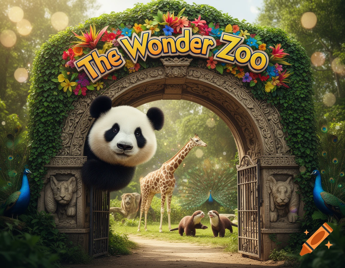 A whimsical zoo entrance with 'The Wonder Zoo' sign, a large panda head, a giraffe, otters, lions, and peacocks.