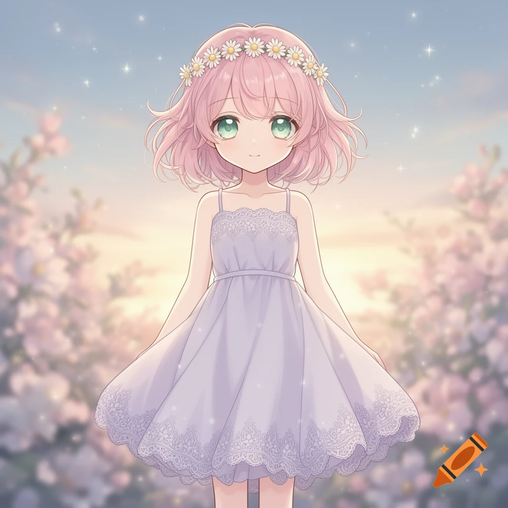 Cute anime girl with pink hair, green eyes, and a flower crown, wearing a lavender dress in a soft, dreamy floral setting.