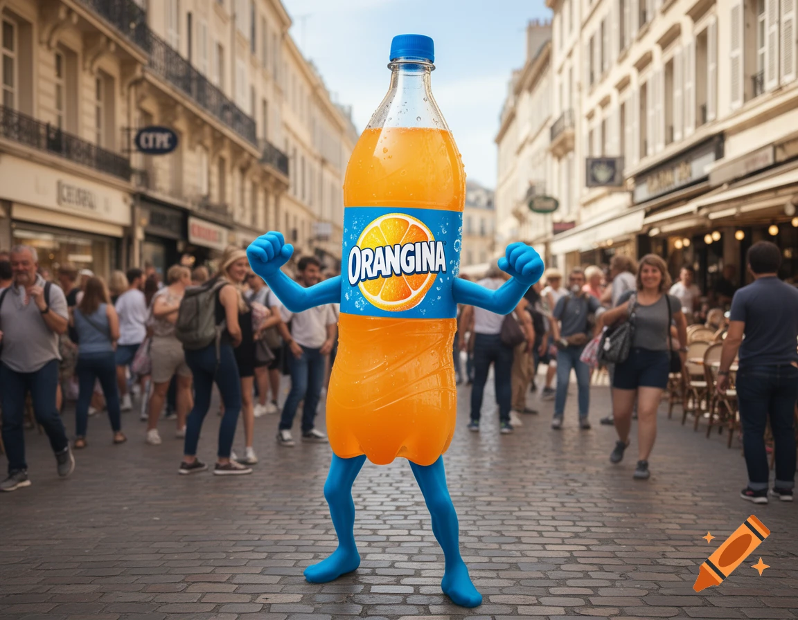A humanized Orangina bottle with blue limbs and clenched fists stands in the middle of a bustling cobblestone city street with blurred people.