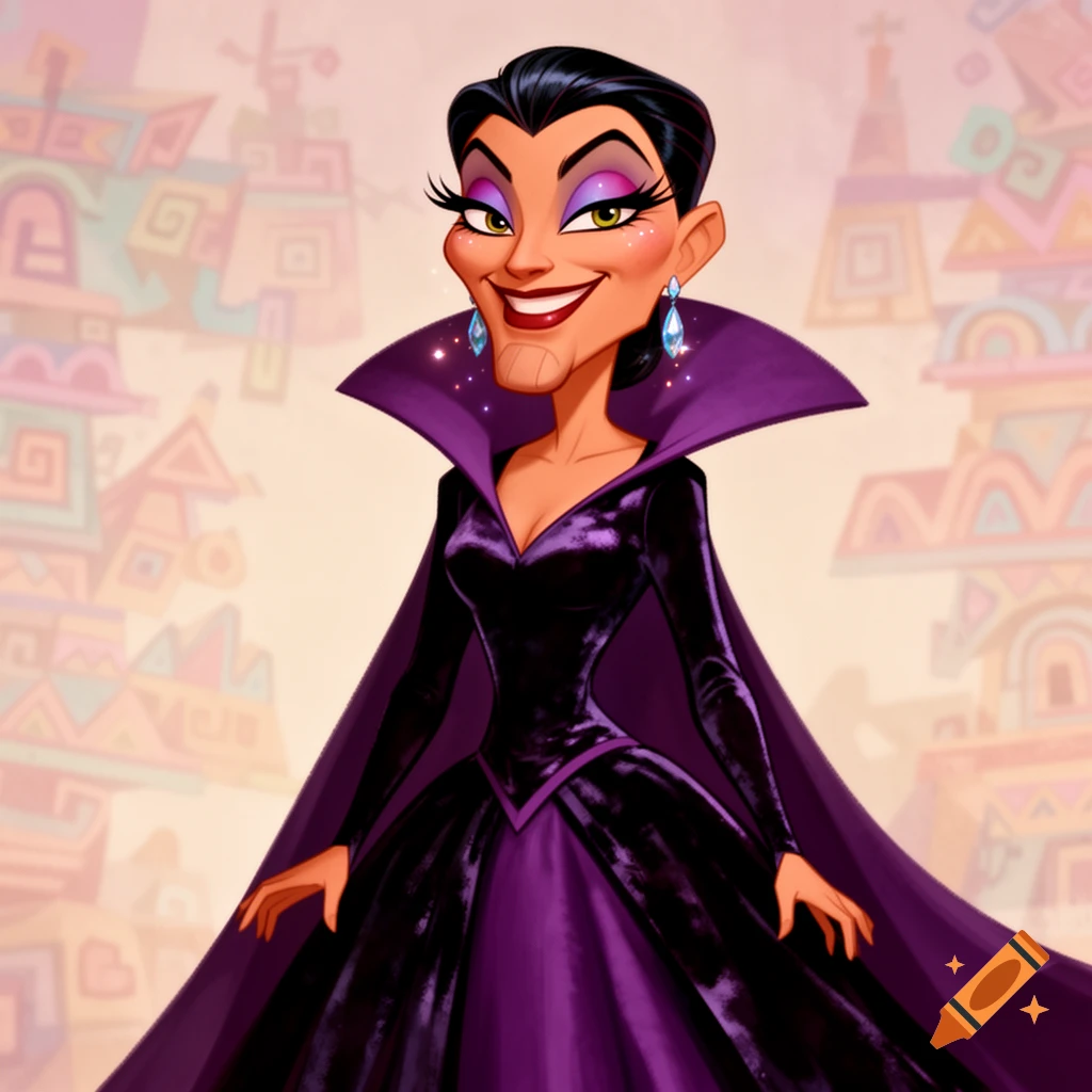 Cartoon illustration of Yzma from The Emperor's New Groove in a purple dress and cape, with an exaggerated, prominent chin.