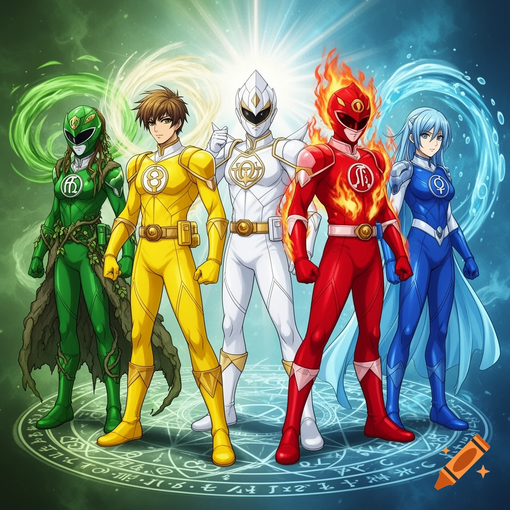 Five anime-style elemental superheroes, green, yellow, white, red, and blue, stand on a glowing magical circle with energy effects.