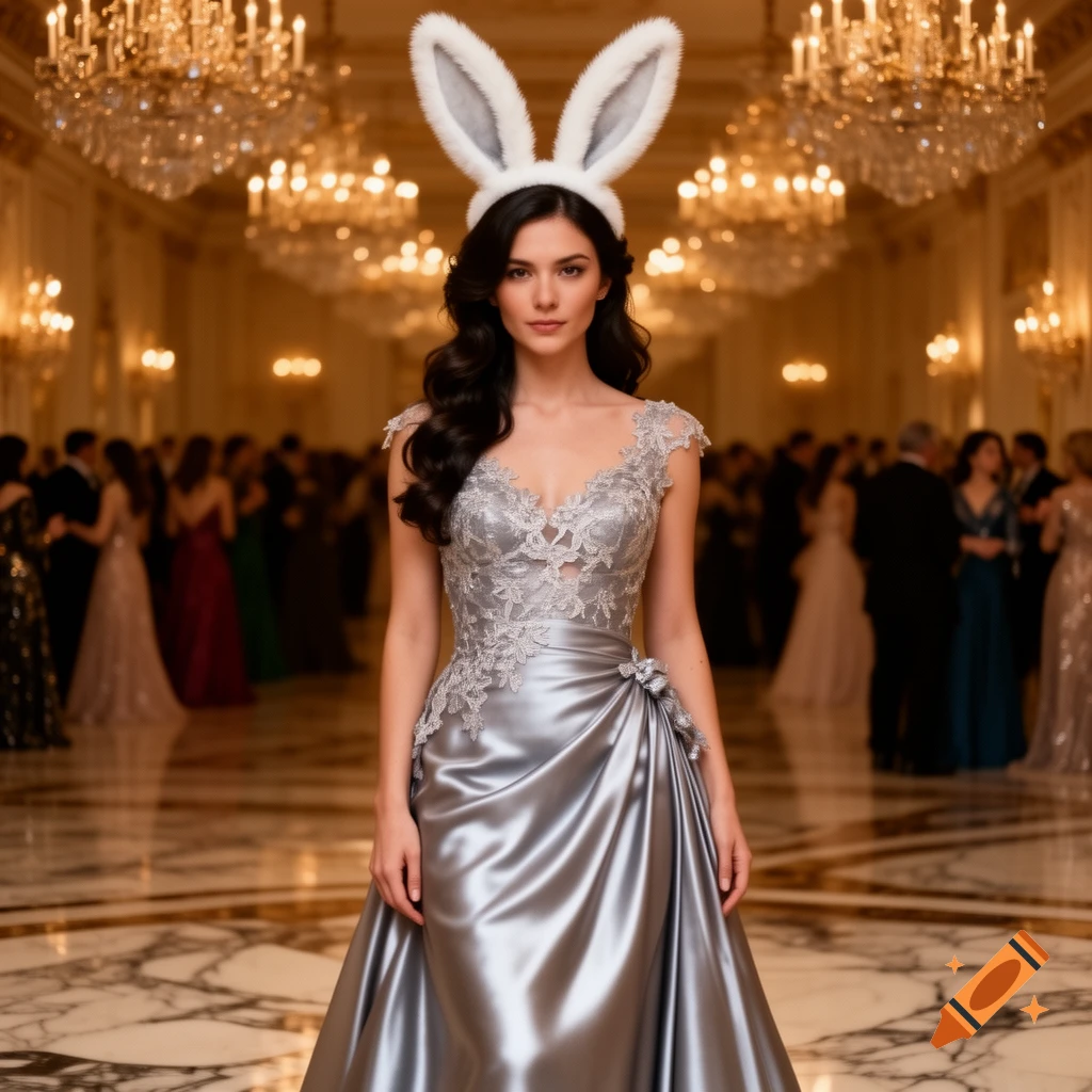 A woman with long dark hair wears a silver lace gown and white bunny ears in a grand ballroom with chandeliers and blurry guests.