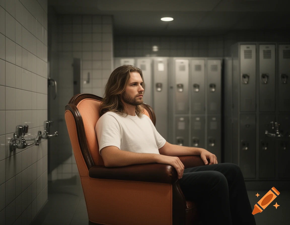 A man with long hair and a beard sits in an orange and leather armchair in a locker room, looking right.