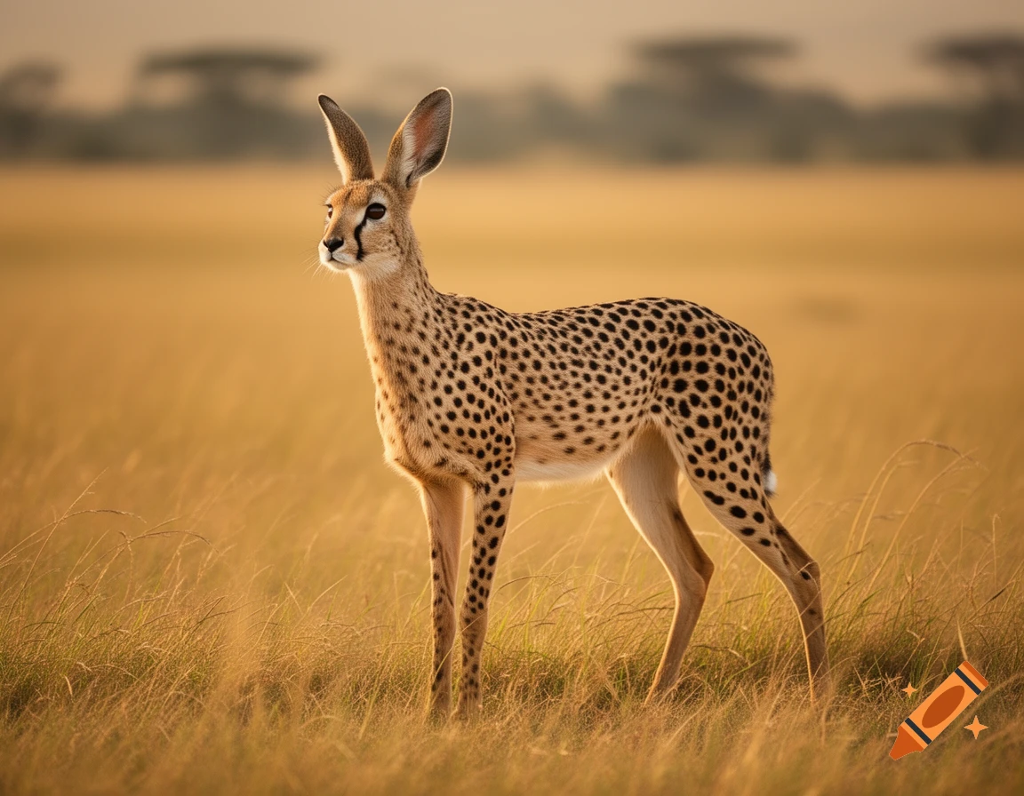 A photorealistic hybrid creature with cheetah spots, deer-like body, and long rabbit ears stands in golden savanna grass.