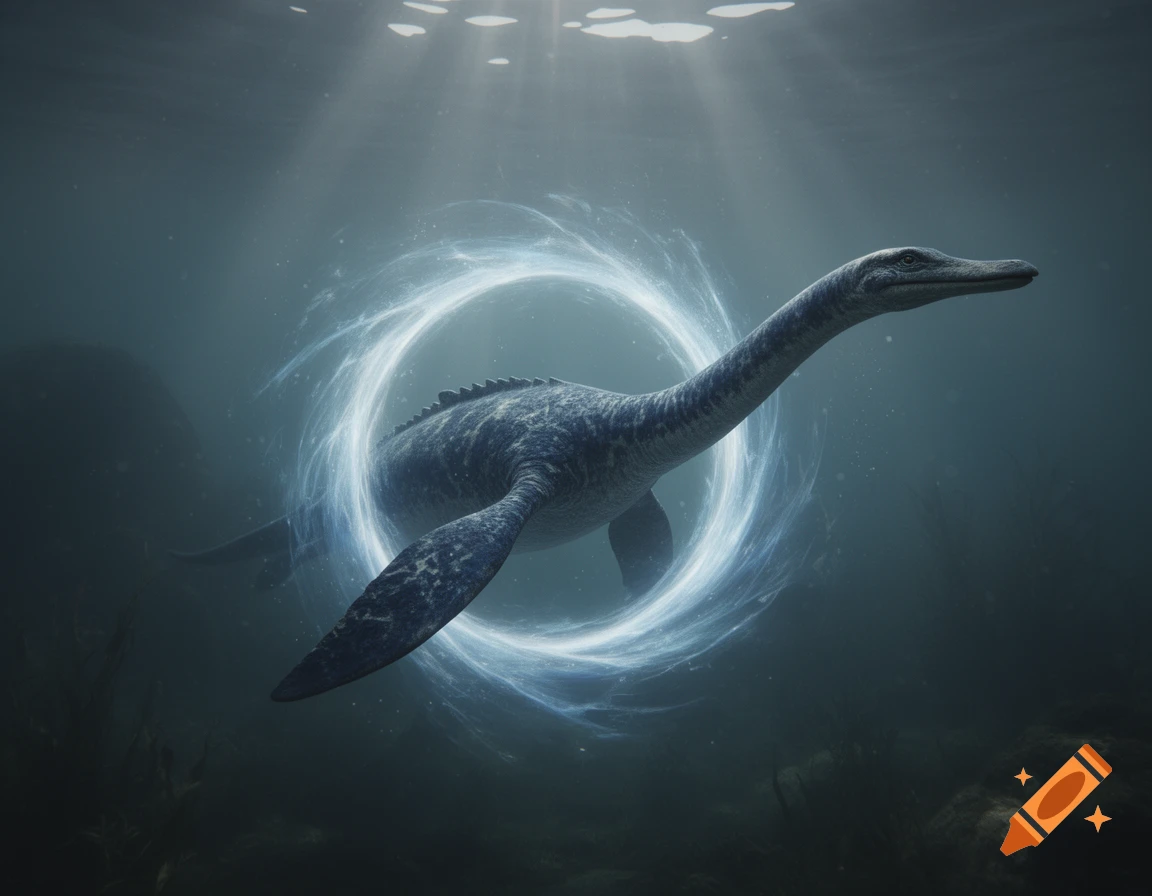 A photorealistic plesiosaur-like lake monster swims through a glowing blue inter-dimensional portal in murky underwater.