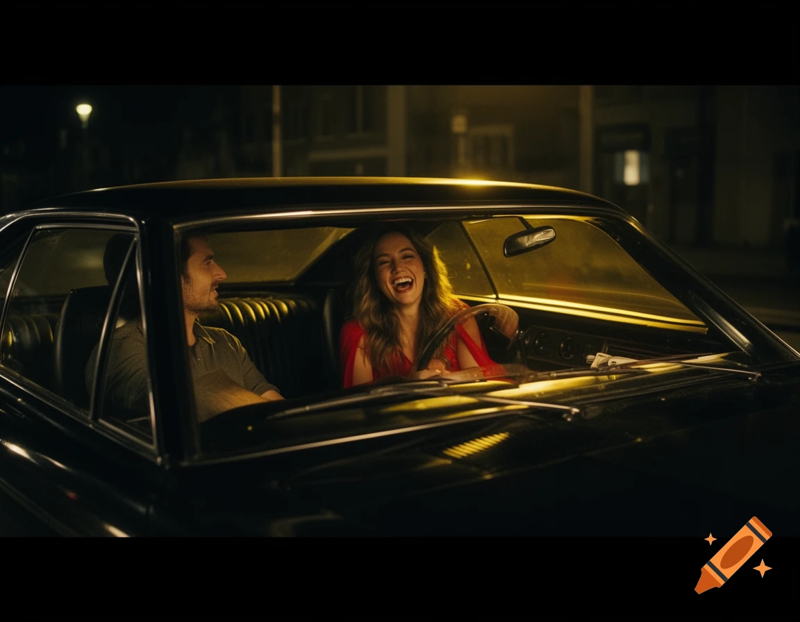 Man and laughing woman in a red dress in a dark muscle car at night, viewed through the windshield.
