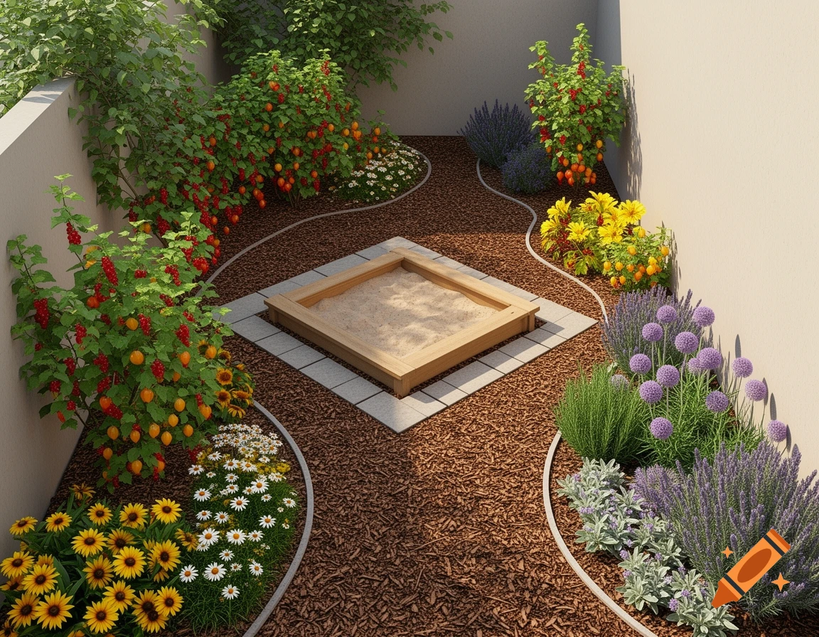 A top-down 3D render of a courtyard garden with a wooden sandbox at its center, surrounded by wood chips and various colorful plants.