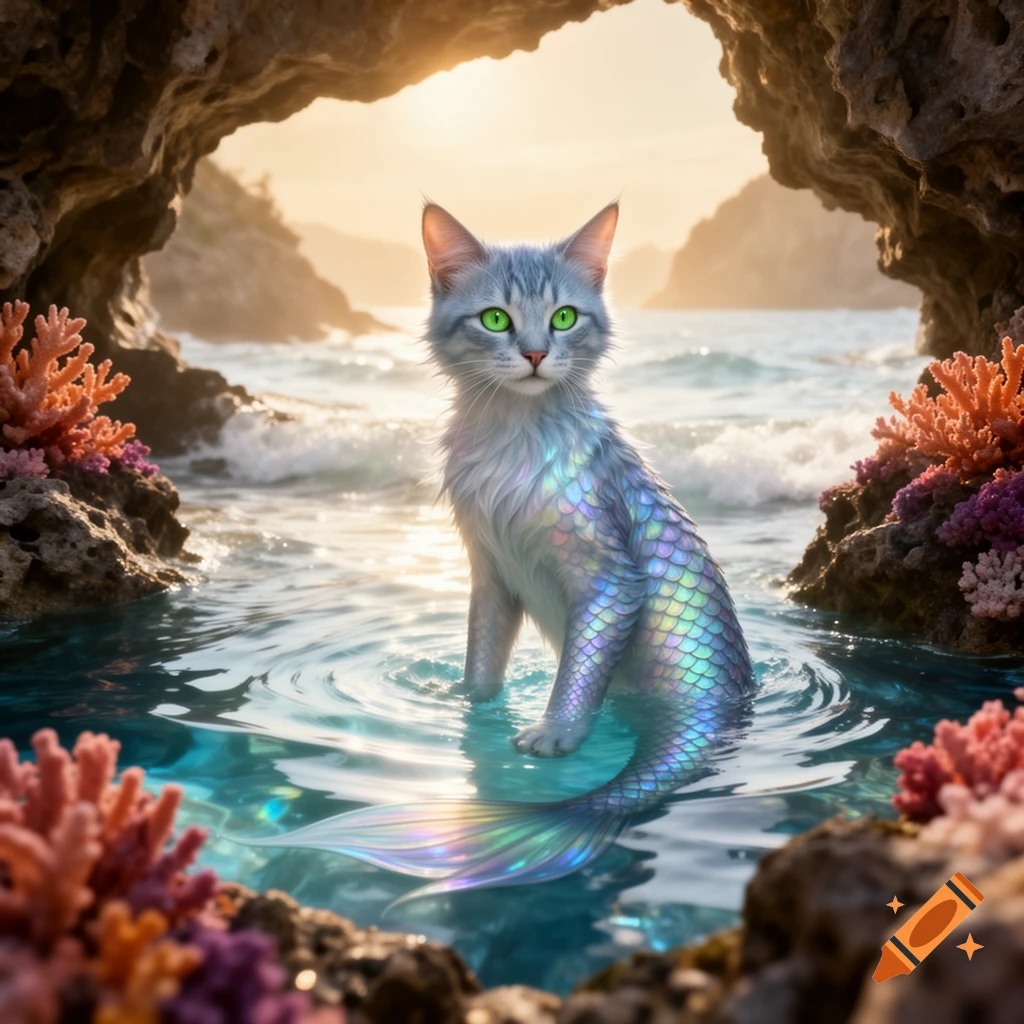 A photorealistic mer-cat with green eyes and a shimmering scaled tail sits in shallow ocean water inside a sunlit grotto with coral.