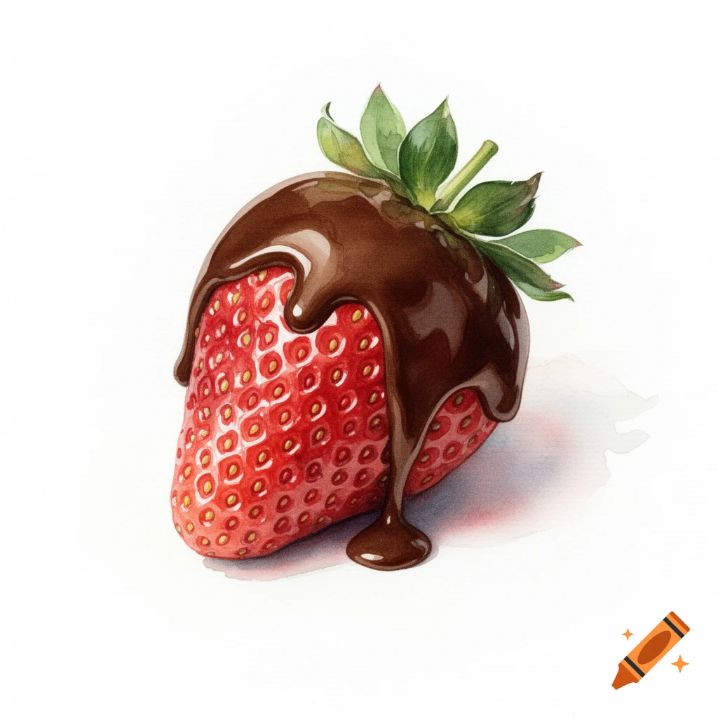 Watercolor painting of a ripe red strawberry partially dipped in rich, glossy brown chocolate, on a white background.