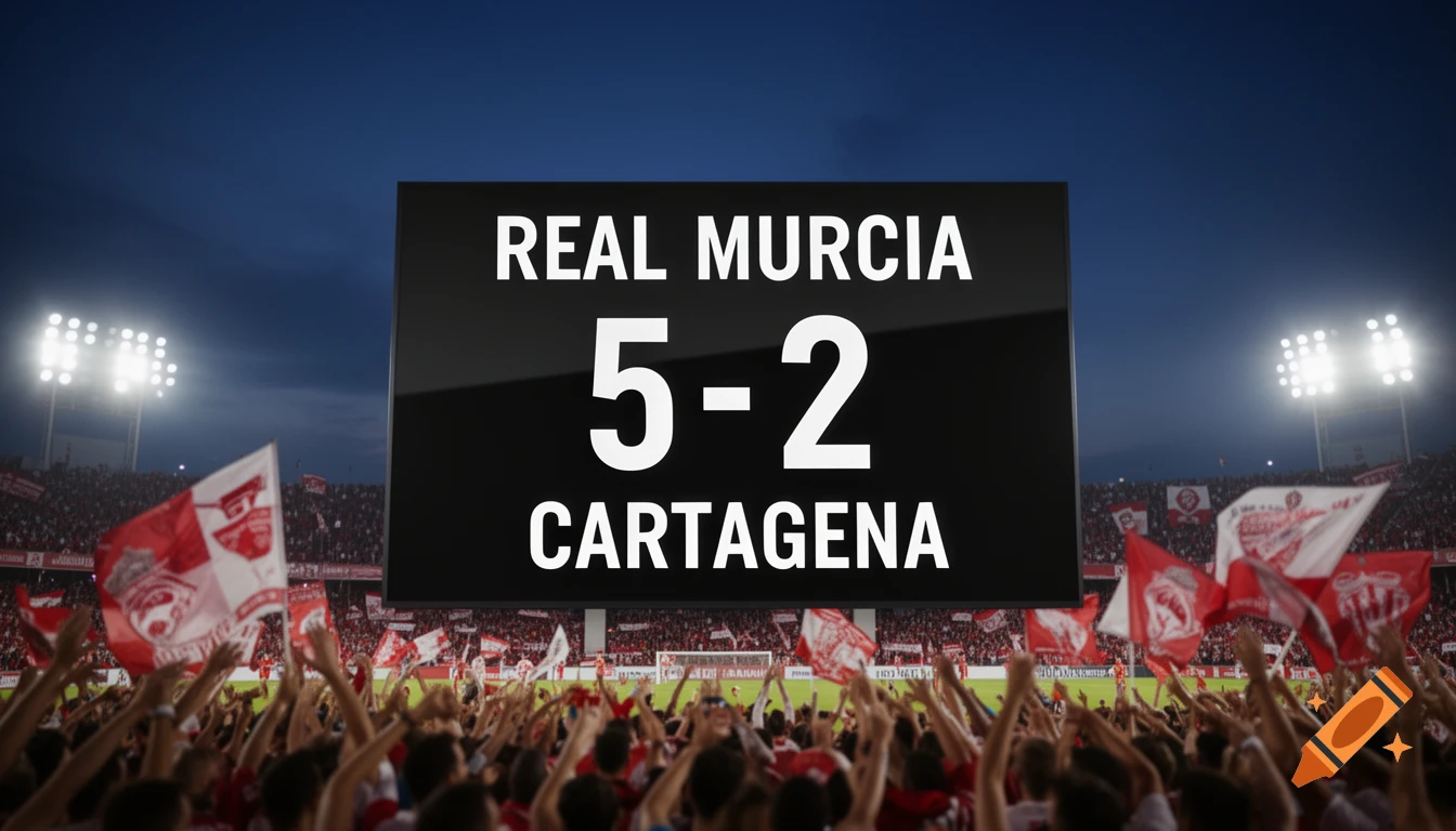 A nighttime view of a football stadium with a large scoreboard showing "REAL MURCIA 5-2 CARTAGENA" above a cheering crowd.