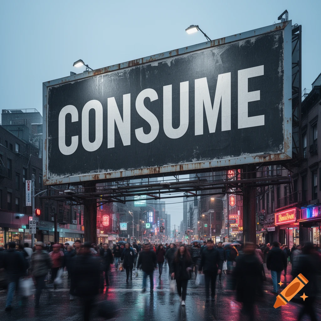 A large, weathered billboard with the word 'CONSUME' overlooks a busy, rainy city street with blurred pedestrians and neon lights.