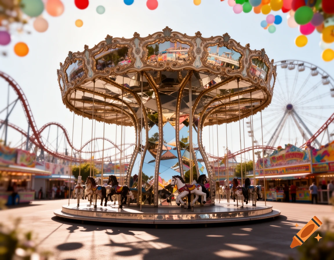 A brightly lit, mirrored carousel with horses stands in the foreground of a sunny amusement park with a roller coaster and Ferris wheel.