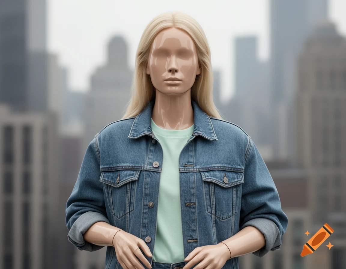 Blonde mannequin with a shiny, featureless face, wearing a denim jacket and light green shirt against a blurred city background.