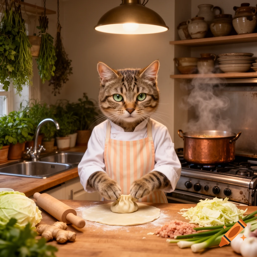A tabby cat chef in an apron folds a dumpling on a wooden kitchen counter with ingredients. Steam rises from a pot on the stove.