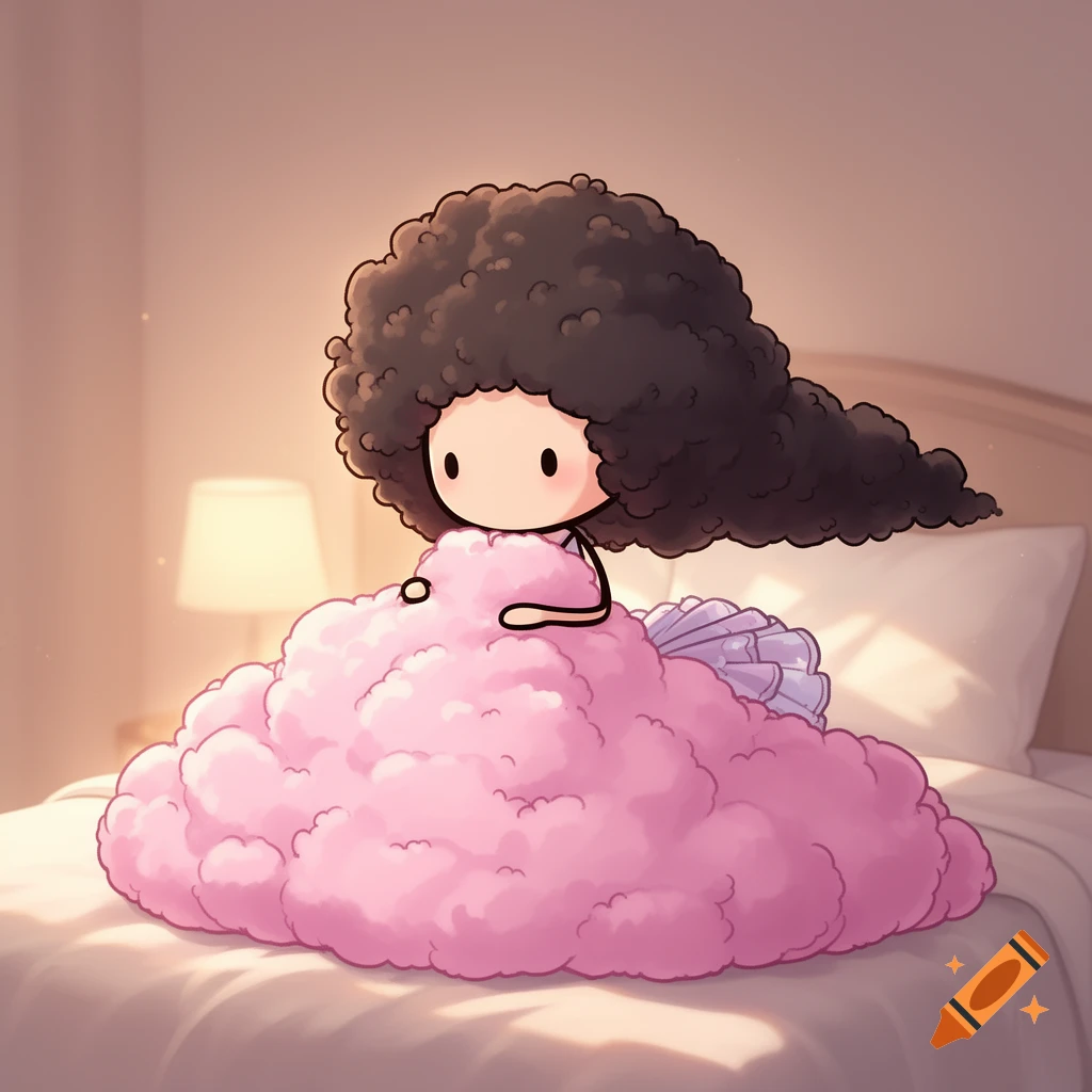 A kawaii stickfigure with fluffy afro hair and a pink poofy skirt sits on a bed, caressing a blanket with a lamp in the background, cartoon style.