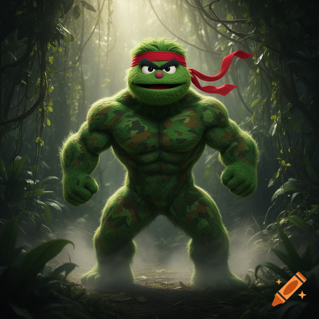 A muscular, green, furry monster with a red headband stands in a lush jungle, resembling a Rambo-like version of Oscar the Grouch.