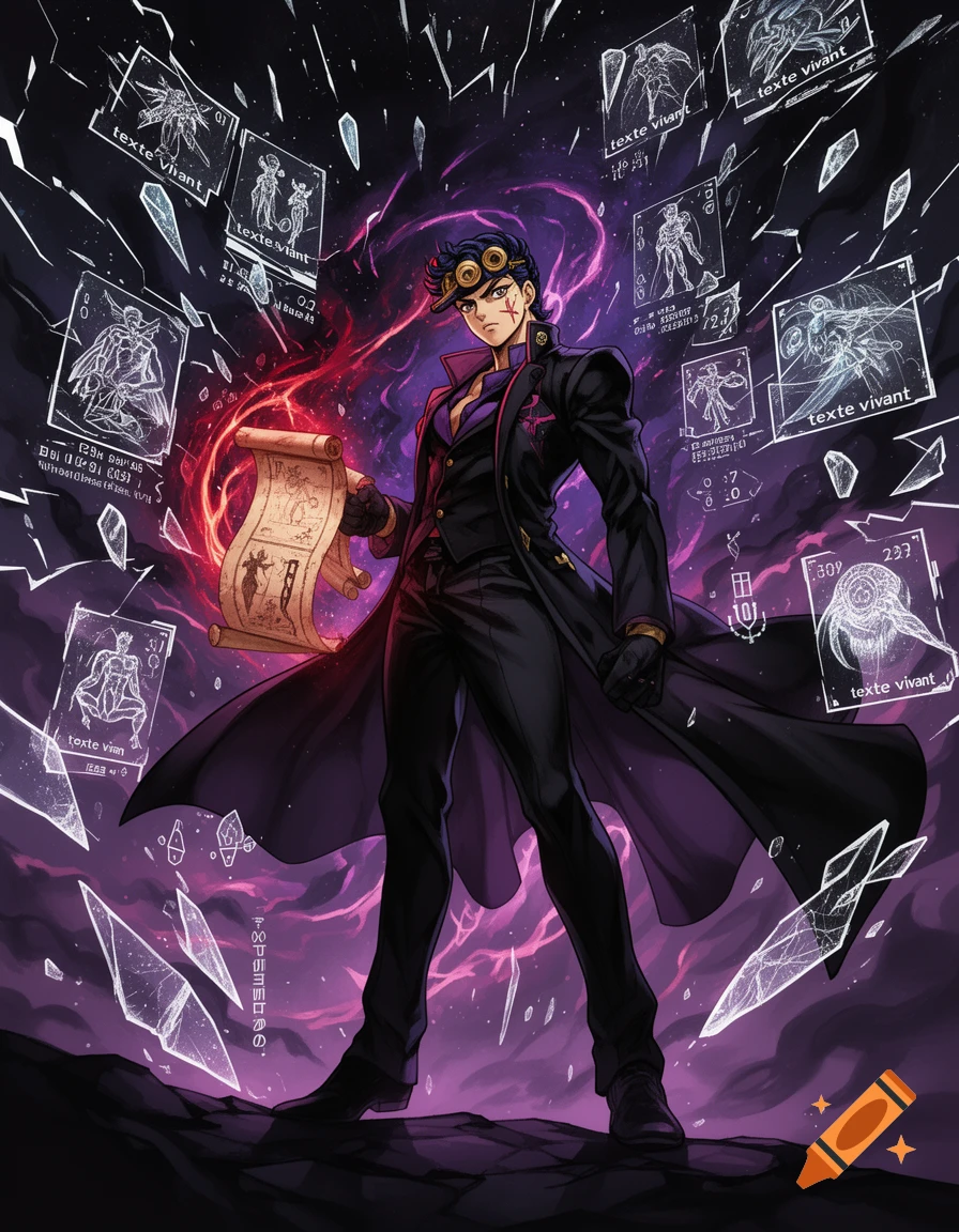 An anime-style male character in a black coat stands heroically, holding a glowing scroll amidst a glitching dark cosmic realm with floating broken glass and symbols.