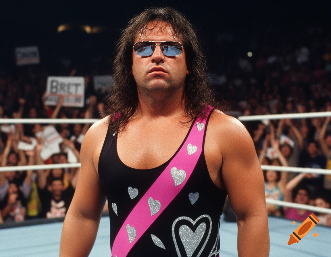 Bret Hart in a wrestling ring, wearing a black and pink singlet, shiny sunglasses, and long dark hair.
