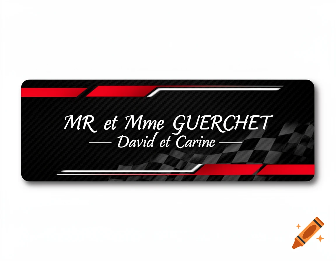 A black, red, and white modern Formula 1 style door plaque with a carbon fiber background, displaying 'MR et Mme GUERCHET – David et Carine'.
