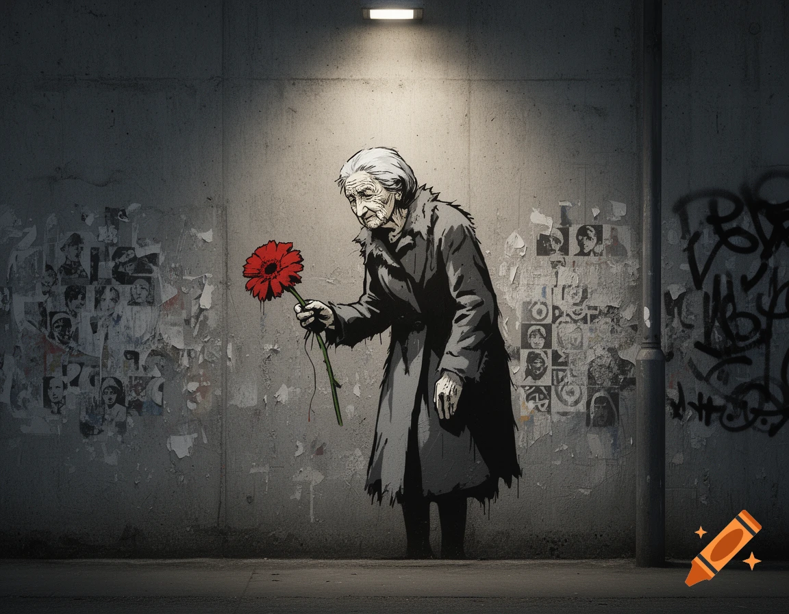 A Banksy-style street art mural depicts an old woman with white hair holding a single red flower in front of a concrete wall with graffiti and torn posters, under a single spotlight.