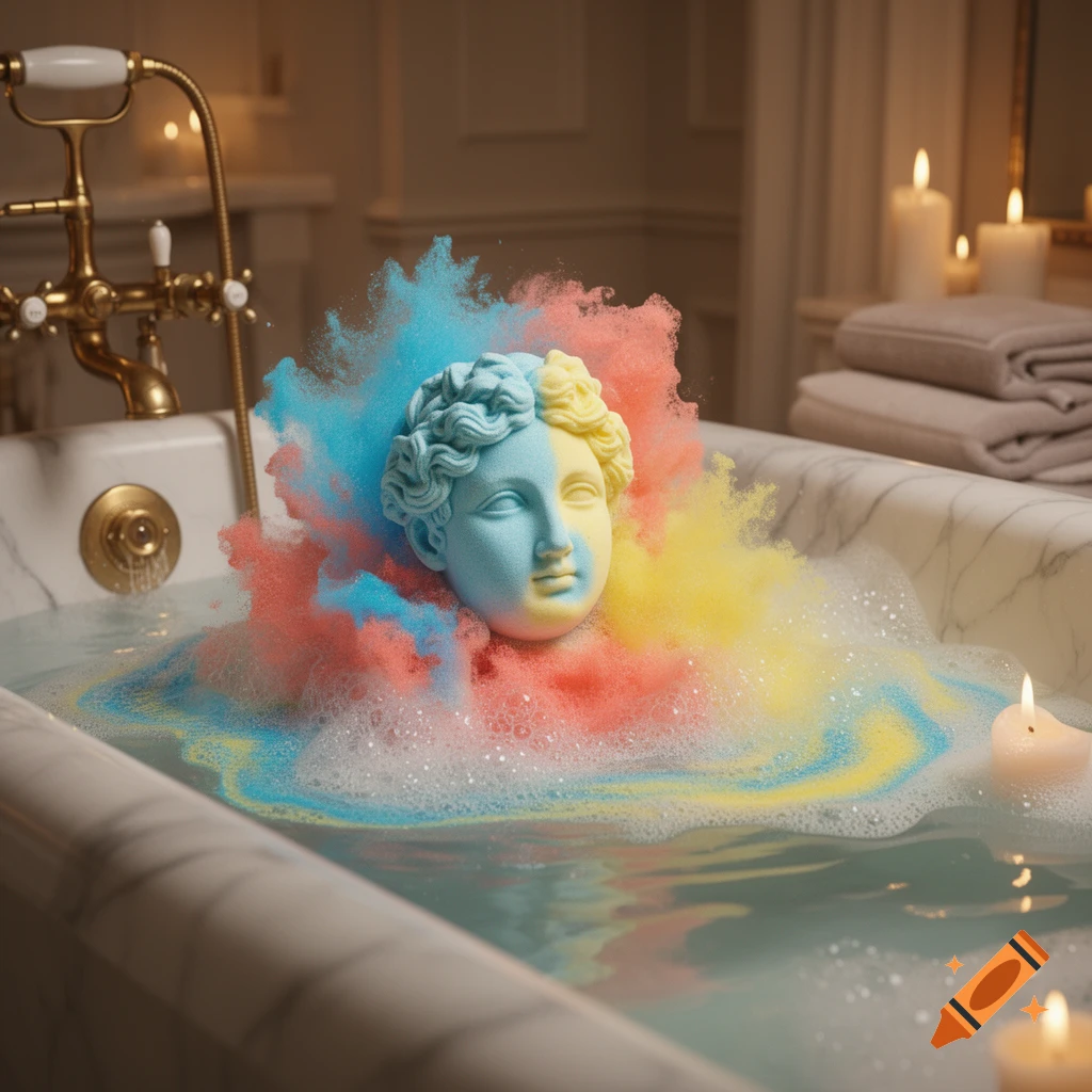 A classical bust, half blue and half yellow, in a foamy bathtub with an explosion of red, blue, and yellow powder. Candles glow in the background.
