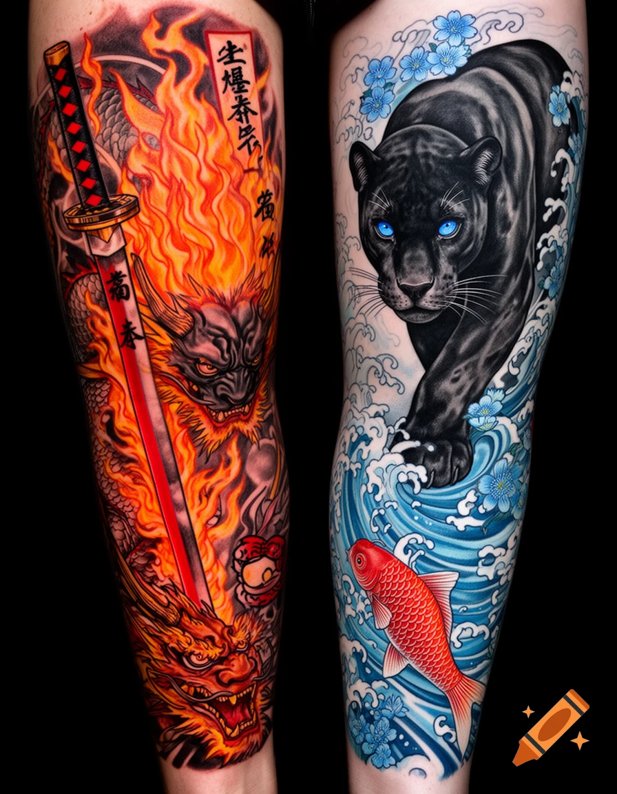 Two vibrantly colored Japanese-style leg sleeve tattoos: one featuring a fiery dragon, samurai sword, and Japanese text, the other a black panther with blue eyes, blue waves, and a red koi fish.