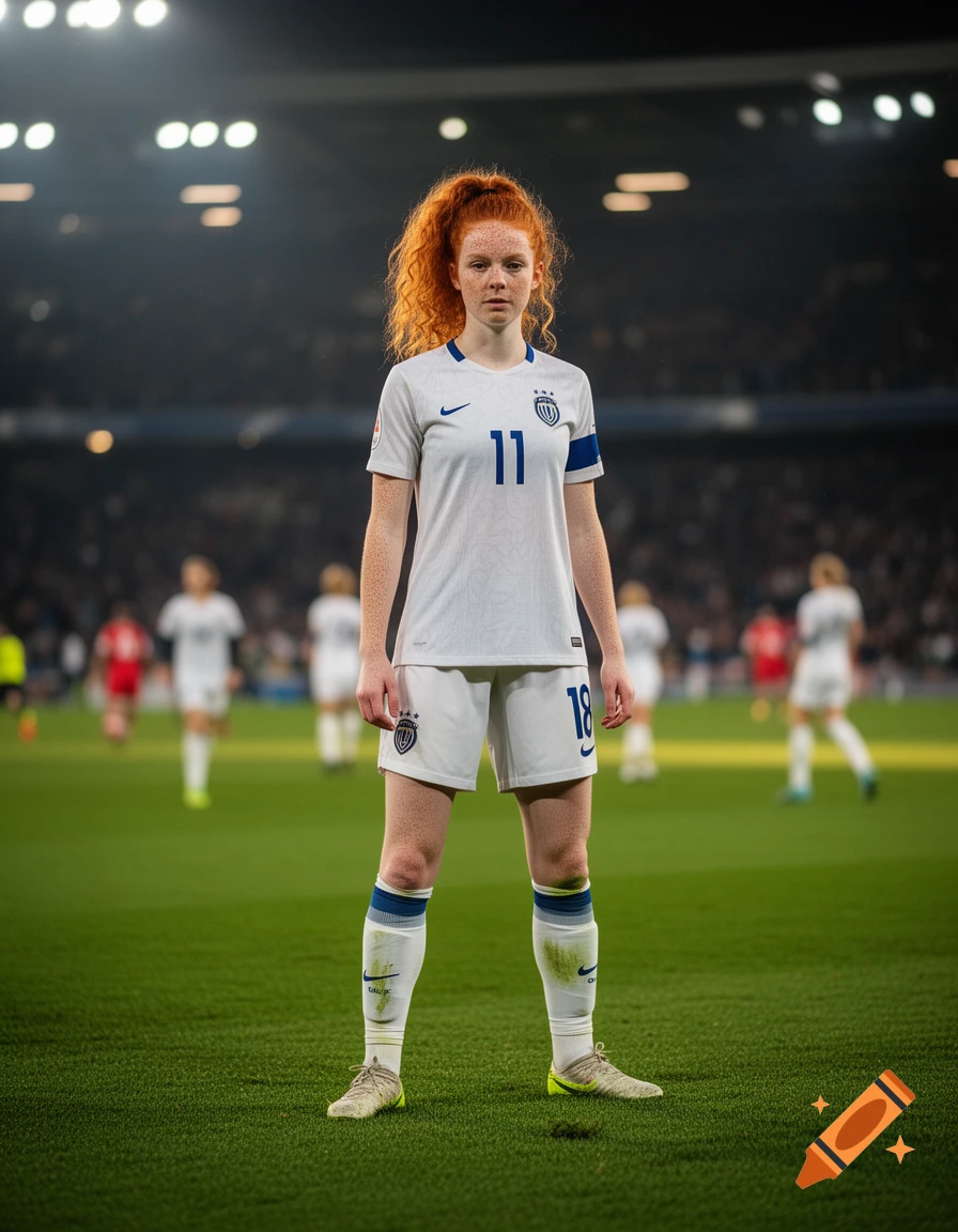Photorealistic portrait of a red-haired female soccer player with freckles in a white jersey on a green stadium field.