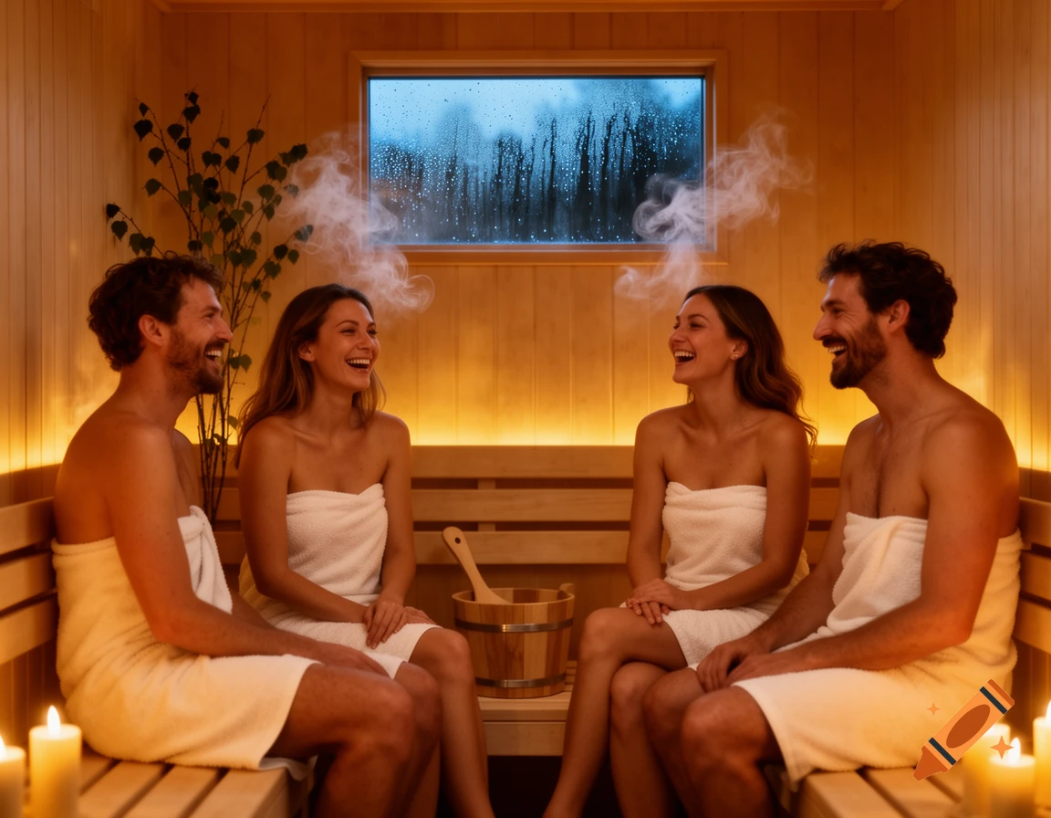Four friends in white towels laughing in a warm, steamy, candlelit wooden sauna with a condensed window. Photorealistic.
