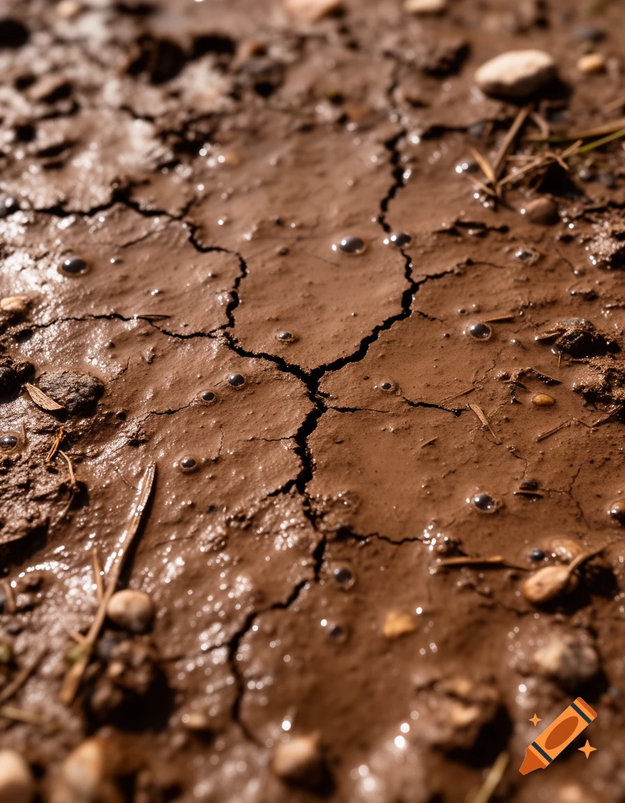 Close-up, low-angle view of cracked, wet brown mud with water bubbles and small stones under sunlight.