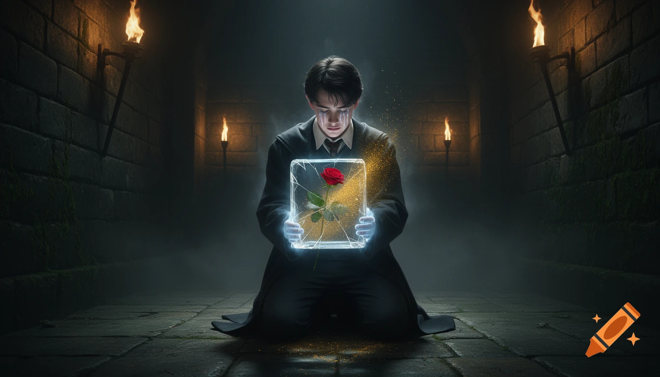 A weeping boy kneels in a dark dungeon, holding a glowing, cracked glass block with a red rose turning to gold dust, in a dark fantasy style.
