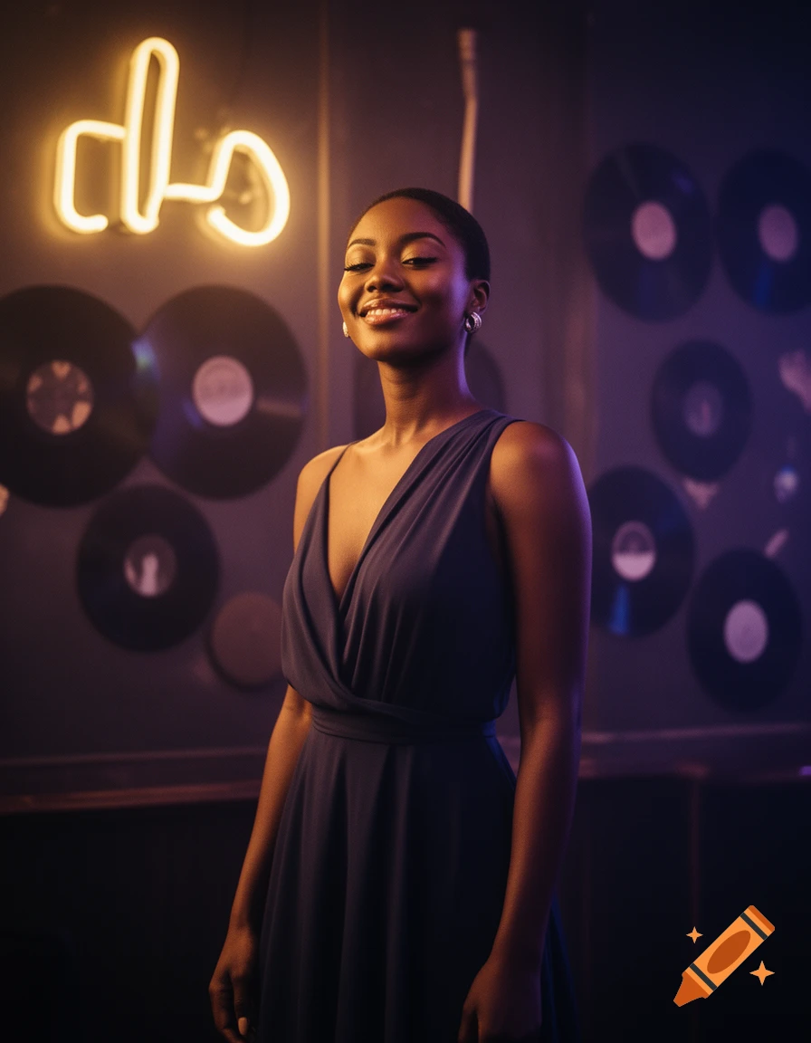 Smiling Black woman in a dark blue dress in a dimly lit music lounge with neon lights and vinyl records, cinematic photorealistic style.