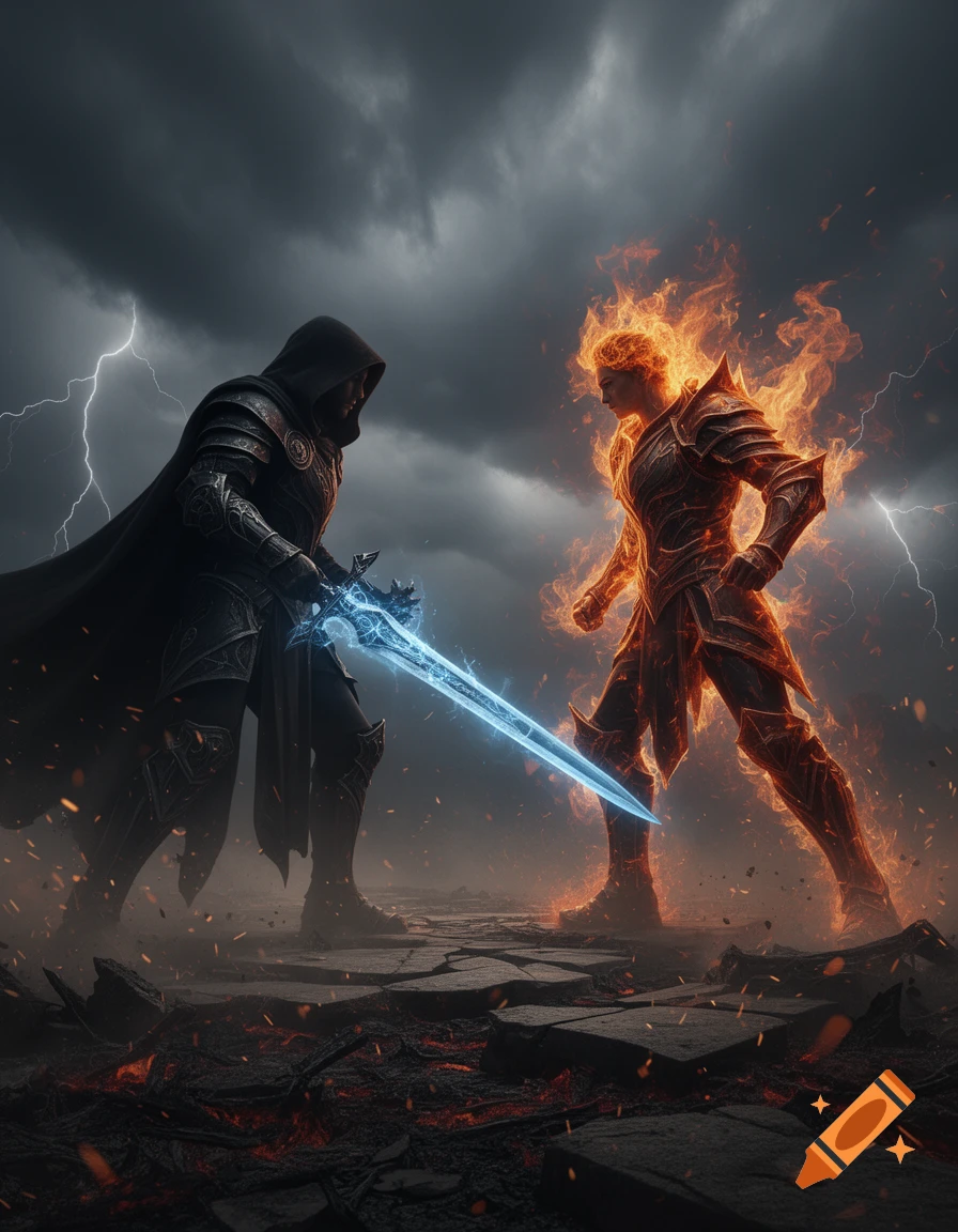 Dark armored warrior with glowing blue sword faces fiery warrior in a dramatic, stormy, ember-strewn landscape.