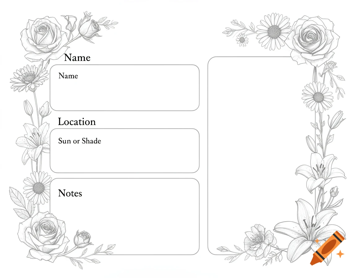 A plant profile template with floral line art borders. It features sections for 'Name', 'Location', 'Sun or Shade', and 'Notes'.