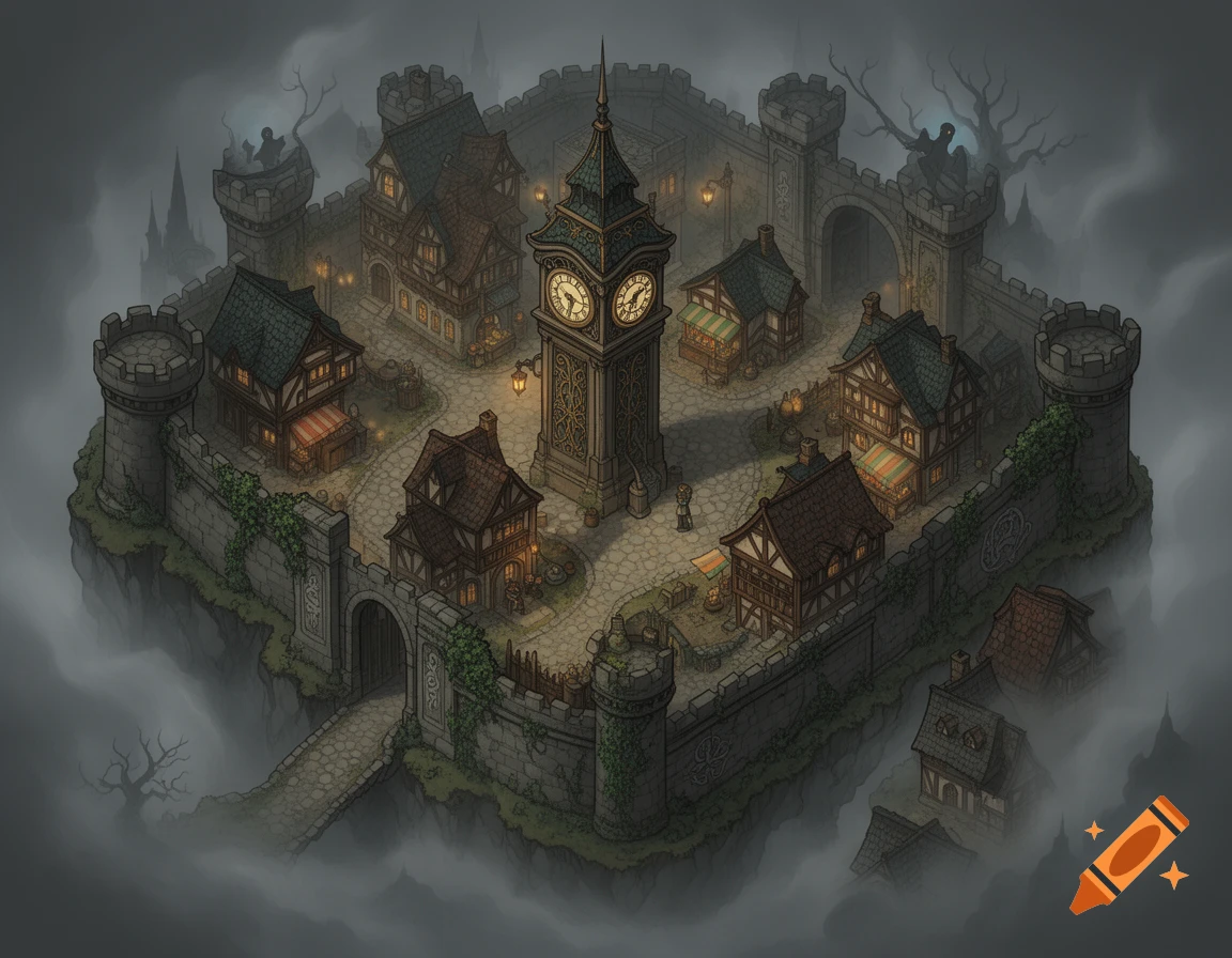 An isometric fantasy illustration of a walled medieval village with a tall clock tower, floating amidst dark clouds and mist.