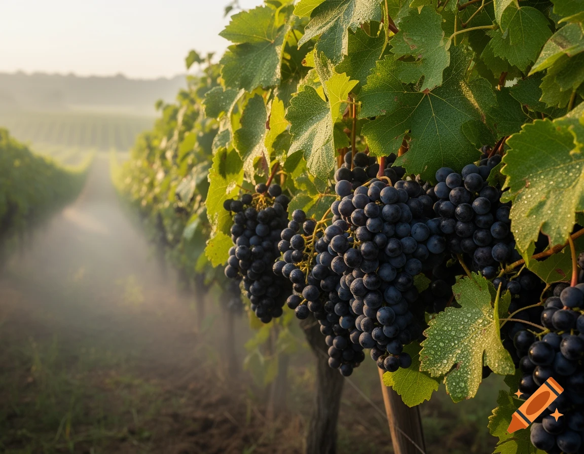 Close-up of ripe black grapes with dew drops on leaves, on a vine in a misty vineyard at sunrise.