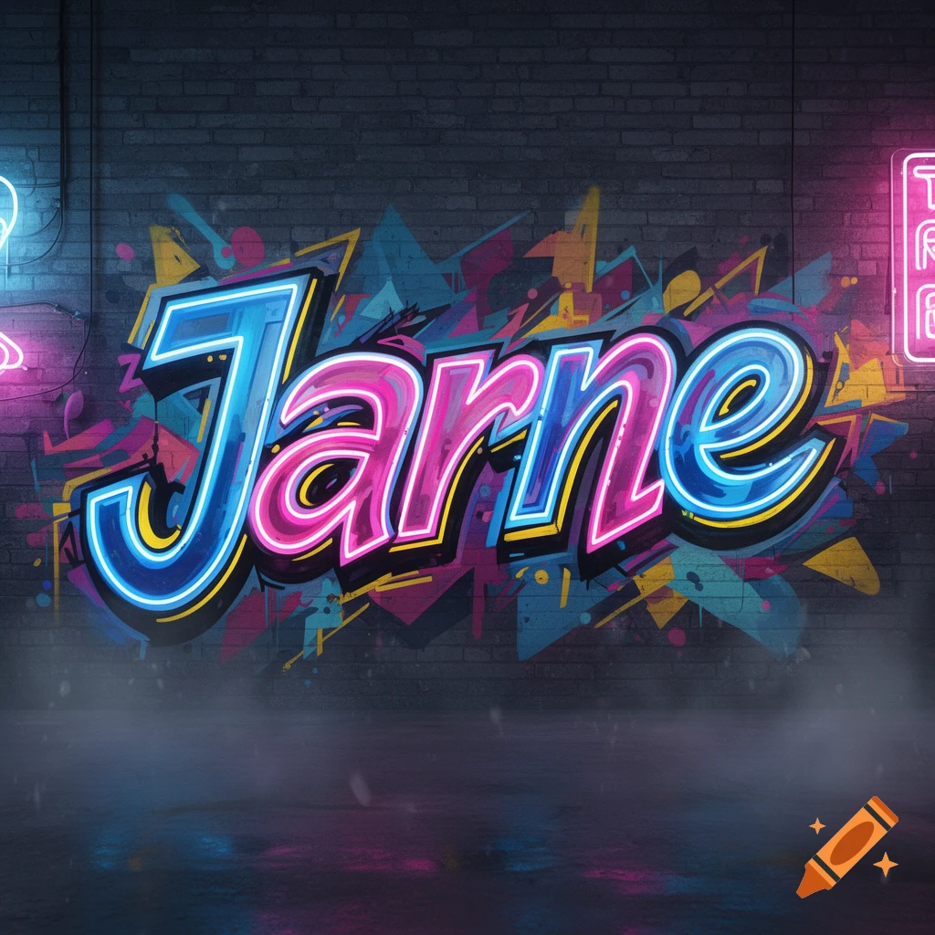 Neon graffiti spelling 'Jarne' on a dark brick wall with fog and reflections on a wet ground.