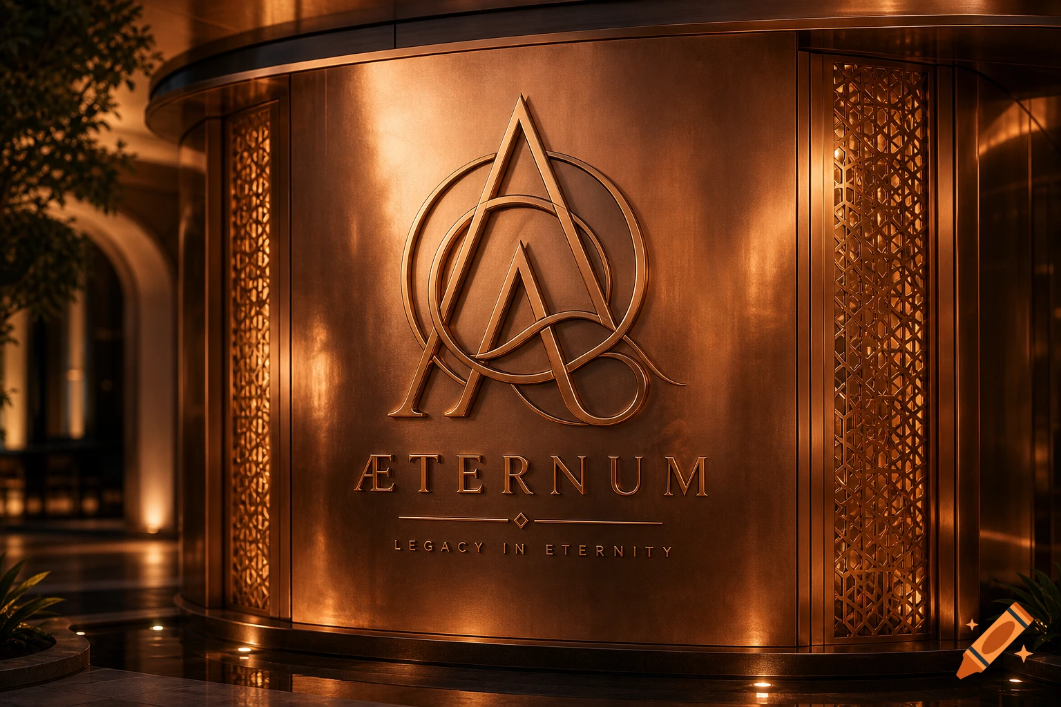 Ornate copper sign with a stylized logo and 'ÆTERNUM LEGACY IN ETERNITY' text, set in a luxurious building, photorealistic.