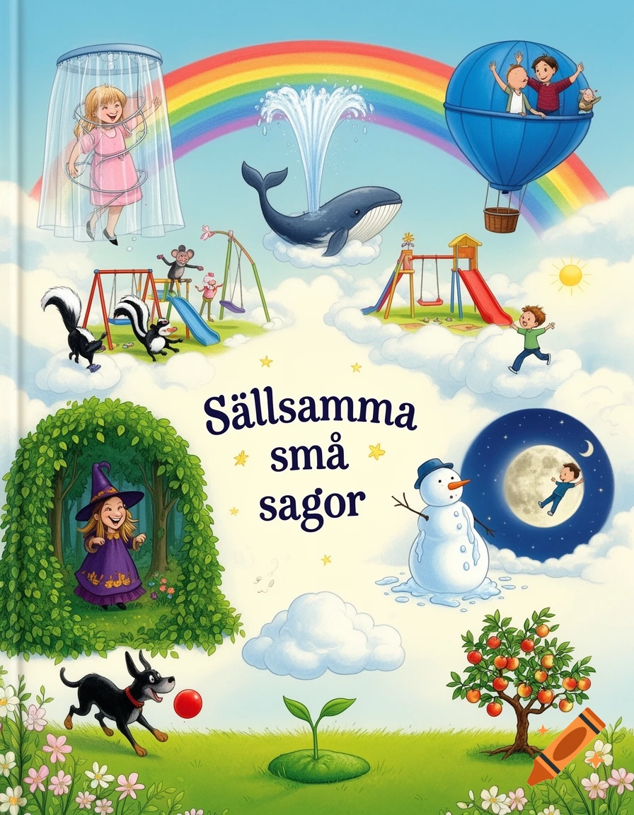 A colorful children's book cover illustration features a rainbow, a whale, children in a hot air balloon, a witch, a dog, a snowman, and a boy jumping to the moon, with the title 'Sällsamma små sagor'.